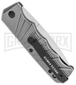 Delta Force Automatic Knife Gray Aluminum - Satin Serrated 8 Delta Force Automatic Knife Gray Aluminum - Satin Serrated -Kershaw Store Delta Force Auto Gray Aluminum Satin Serr GX 35356 jr side large