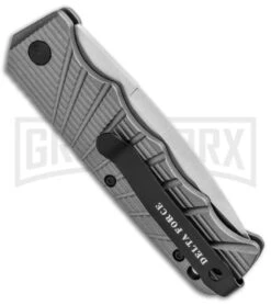 Delta Force Automatic Knife Gray Aluminum - Satin Plain -Kershaw Store Delta Force Auto Gray Molded Plastic Satin Plain GX 33544 jr side large