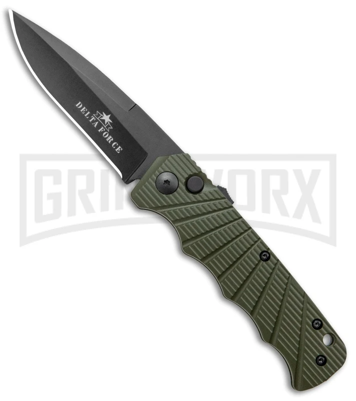 Delta Force Automatic Knife OD Green Aluminum Drop Point - Black Plain 3 Delta Force Automatic Knife OD Green Aluminum Drop Point - Black Plain