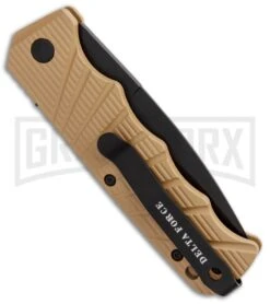 Delta Force Automatic Knife Tan Aluminum - Black Serrated 8 Delta Force Automatic Knife Tan Aluminum - Black Serrated -Kershaw Store Delta Force Auto Tan Aluminum Black Serr GX 34164 jr side large