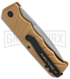 Delta Force Tan Automatic Knife - Satin Plain -Kershaw Store Delta Force Auto Tan Aluminum Satin GX 38230 jr side large