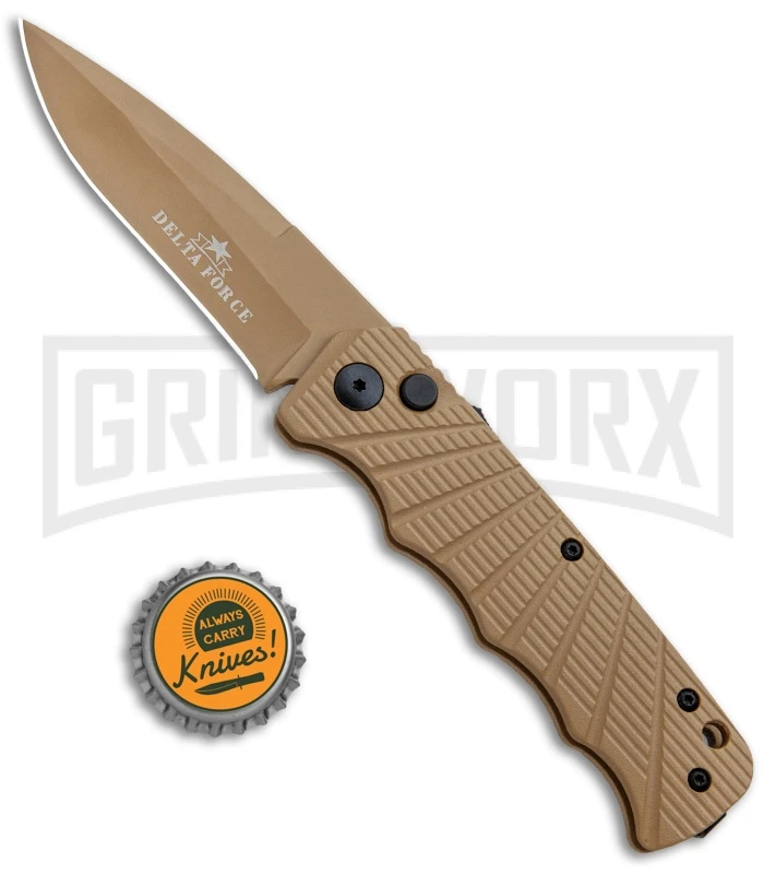 Delta Force Automatic Knife Tan Aluminum - Tan Plain 6 Delta Force Automatic Knife Tan Aluminum - Tan Plain - Image 4