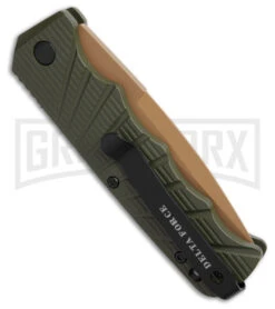 Delta Force Automatic Knife OD Green Aluminum Drop Point - Tan Plain -Kershaw Store Delta Force Automatic Knife OD Green Aluminum Drop Point Tan Plain GX 42318 td side large