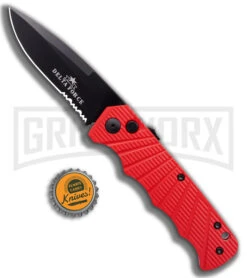 Delta Force Red Aluminum Automatic Knife- Black Serr -Kershaw Store Delta Force Automatic Knife Red Aluminum Black Serr GX 41280 KC bottlecap 2 large