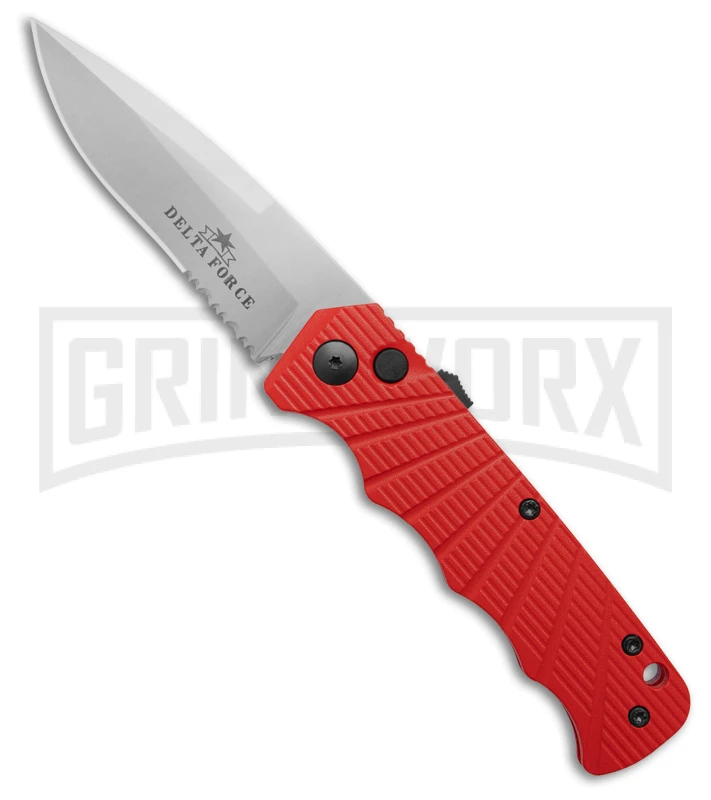 Delta Force Automatic Knife Red Aluminum - Satin Serrated 3 Delta Force Automatic Knife Red Aluminum - Satin Serrated