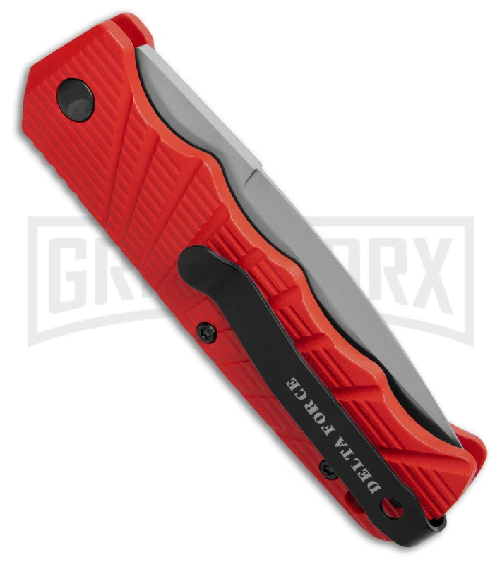 Delta Force Automatic Knife Red Aluminum - Satin Serrated 5 Delta Force Automatic Knife Red Aluminum - Satin Serrated - Image 3
