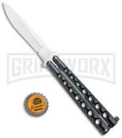 Flick Blue Balisong Butterfly Knife Black/Blue - Drop Point Satin Plain -Kershaw Store Flick Blue Balisong Butterfly DP Satin GX 36707 jr bottlecap large
