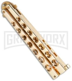 Flick Blue Balisong Butterfly Knife Gold - Drop Point Gold Plain -Kershaw Store Flick Gold Balisong Butterfly Knife Satin Gold BUTT 2036GD GX 36719 jr side large