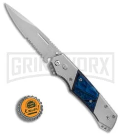 Super Knife Croc Automatic Knife Stainless W/ Blue Inlay - Satin Serr -Kershaw Store GA303MBL BP 25774 er bottlecap large
