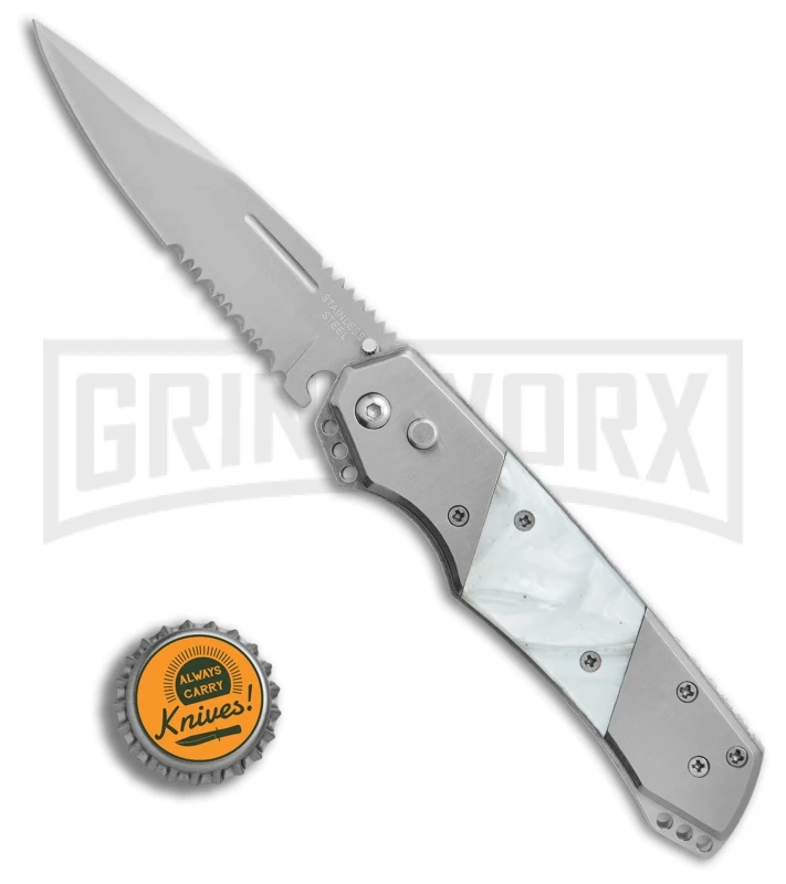 Super Knife Croc Automatic Knife Stainless W/ White Inlay - Satin Serr 6 Super Knife Croc Automatic Knife Stainless W/ White Inlay - Satin Serr - Image 4