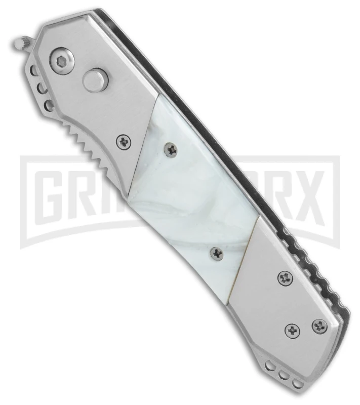 Super Knife Croc Automatic Knife Stainless W/ White Inlay - Satin Serr 5 Super Knife Croc Automatic Knife Stainless W/ White Inlay - Satin Serr - Image 3