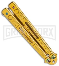 Chalkhill Balisong Butterfly Knife - Gold Tanto Skeletonized -Kershaw Store Gold Balisong Clip Point Butterfly Knife Gold Finish GX 37655 td side large