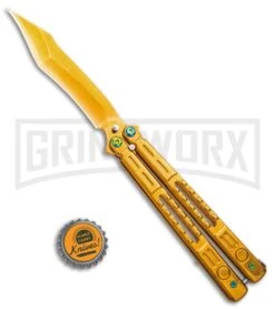 Chalkhill Balisong Butterfly Knife - Gold Tanto Skeletonized -Kershaw Store Gold Balisong Clip Point Butterfly Knife Gold Finish GX 37655 td size large