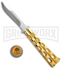 Chalkhill Balisong Gold Butterfly Knife - Satin Plain -Kershaw Store Gold Balisong Drop Point Butterfly KnifeSatinGX 37651 td size large