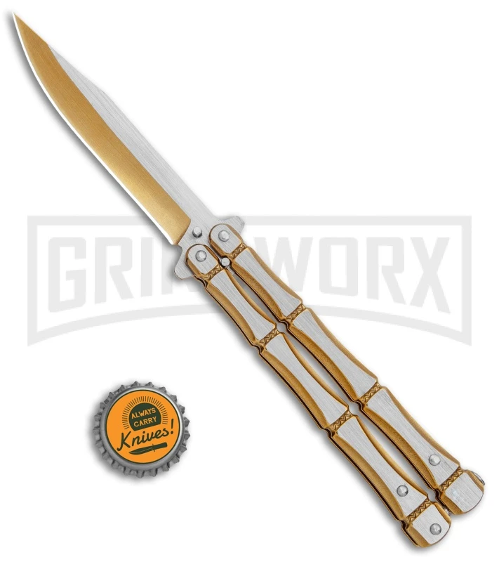 Gold Bone Balisong Drop Point Butterfly Knife - 2 Tone Plain 6 Gold Bone Balisong Drop Point Butterfly Knife - 2 Tone Plain - Image 4