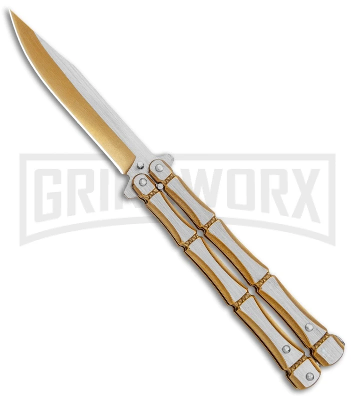 Gold Bone Balisong Drop Point Butterfly Knife - 2 Tone Plain 3 Gold Bone Balisong Drop Point Butterfly Knife - 2 Tone Plain