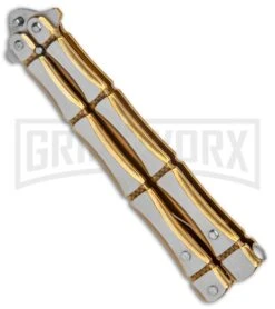 Gold Bone Balisong Drop Point Butterfly Knife - 2 Tone Plain 8 Gold Bone Balisong Drop Point Butterfly Knife - 2 Tone Plain -Kershaw Store Gold Bone Balisong DP Butterfly TT Plain GX 37370 jr side large