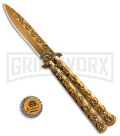 Gold Skull Balisong Butterfly Knife - Gold Plain 9 Gold Skull Balisong Butterfly Knife - Gold Plain -Kershaw Store Gold Skull Balisong Drop Point Butterfly Knife GX 37608 td size large