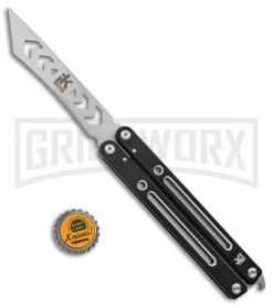 Instaknives Black Aluminum Balisong Tanto Trainer/Live Blade - Satin Dull/Plain -Kershaw Store Instaknives Black Balisong Tanto Trainer Blade GX 37598 jr bottlecap large