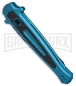 Kershaw Launch 8 Teal/CF Stiletto Automatic Knife - Black Plain -Kershaw Store Kershaw Launch 8 stiletto AK Teal CF 3in Black BHQ 177022 td spine large