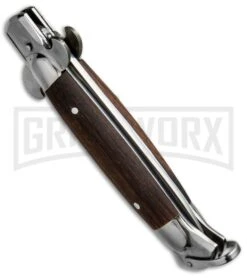 9" Medteh Dark Wood Russian Stiletto Automatic Knife - Satin Plain -Kershaw Store Meditex 9in Dark Wood Russian Stiletto BP 18121 dl side large