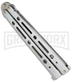 Mega Flick XL Silver Balisong Butterfly Knife - Satin Plain -Kershaw Store Mega Flick XL Balisong Butterfly Silver M 132 SL BP 19707 jr side large