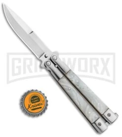 Noble Flipper White Pearlex Balisong Butterfly Knife - Satin Plain -Kershaw Store Noble Flipper White Pearlex Balisong Butterfly Satin GX 30481 jr bottlecap large