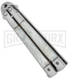 Noble Flipper White Pearlex Balisong Butterfly Knife - Satin Plain -Kershaw Store Noble Flipper White Pearlex Balisong Butterfly Satin GX 30481 jr side large