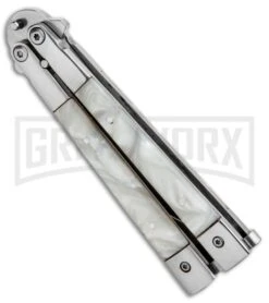Noble Flipper White Pearlex Balisong Butterfly Knife - Satin Plain -Kershaw Store Noble Flipper White Pearlex Balisong Butterfly Satin GX 30481 jr spine large