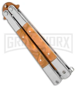 Regal Flipper Orange Swirl Balisong Butterfly Knife - Green Plain -Kershaw Store Orange Swirl Balisong CP Butterfly Orange GX 40647 jr side large