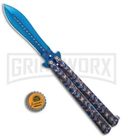 Chalkhill Balisong Butterfly Knife - Blue Spear Point Pattern Handles -Kershaw Store Patterned Balisong Spear Point Butterfly Knife Blue Finish GX 37654 td size large