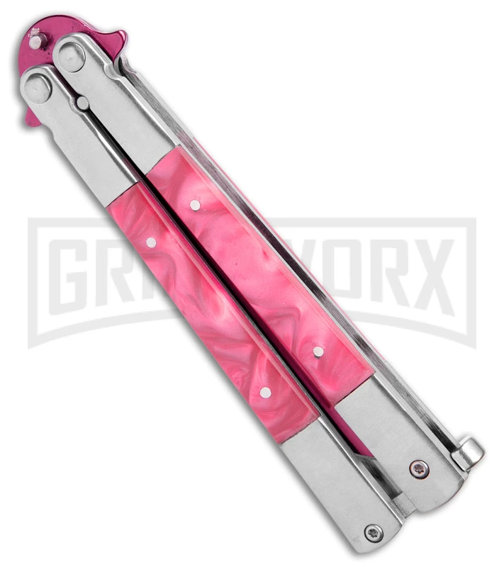 Regal Flipper Pink Swirl Balisong Butterfly Knife - Green Plain 5 Regal Flipper Pink Swirl Balisong Butterfly Knife - Green Plain - Image 3