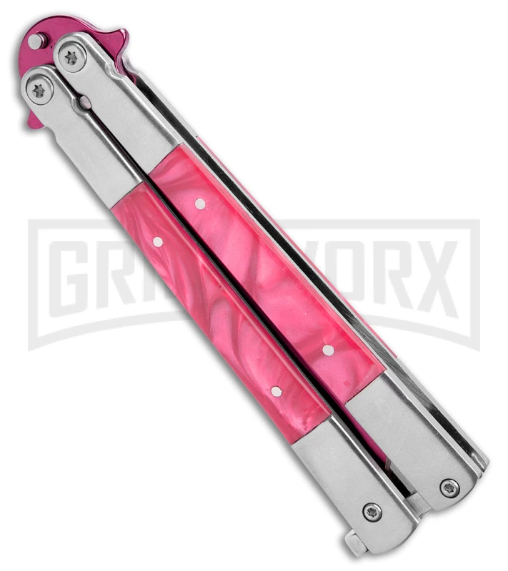 Regal Flipper Pink Swirl Balisong Butterfly Knife - Green Plain 4 Regal Flipper Pink Swirl Balisong Butterfly Knife - Green Plain - Image 2