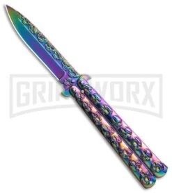 Rainbow Skull Balisong Drop Point Butterfly Knife