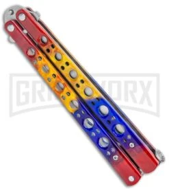 Red/Yellow/Blue Balisong Butterfly Knife (4.25" Satin) -Kershaw Store Red Yellow Blue Balisong Butterfly Satin GX 37519 jr side large