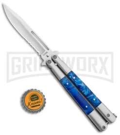 Regal Blue Swirl Balisong Butterfly Knife - Satin Serr -Kershaw Store Regal Flipper Balisong Blue Acrylic Butterfly Satin Serr GC30MBL GX 31276 jr bottlecap large