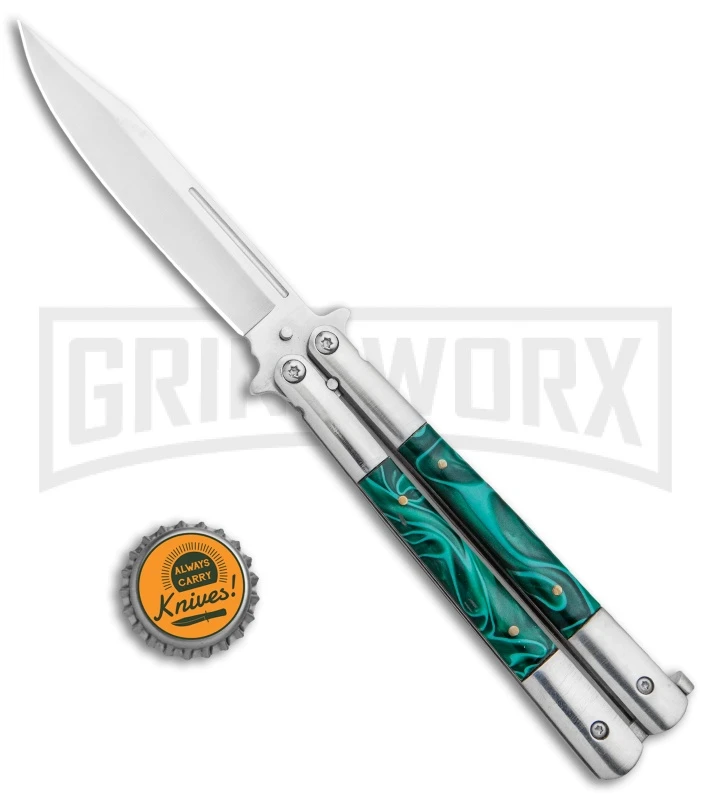 Regal Flipper Green Swirl Balisong Butterfly Knife - Satin Plain 6 Regal Flipper Green Swirl Balisong Butterfly Knife - Satin Plain - Image 4