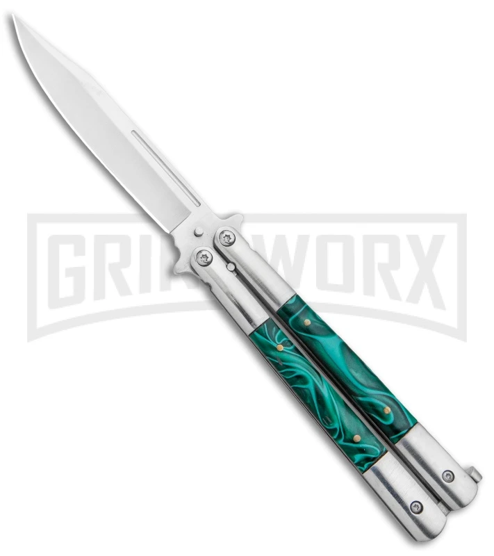 Regal Flipper Green Swirl Balisong Butterfly Knife - Satin Plain 3 Regal Flipper Green Swirl Balisong Butterfly Knife - Satin Plain