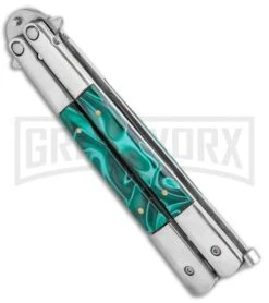 Regal Flipper Green Swirl Balisong Butterfly Knife - Satin Plain 8 Regal Flipper Green Swirl Balisong Butterfly Knife - Satin Plain -Kershaw Store Regal Flipper Green Swirl Balisong Butterfly Satin GX 10741 jr side large