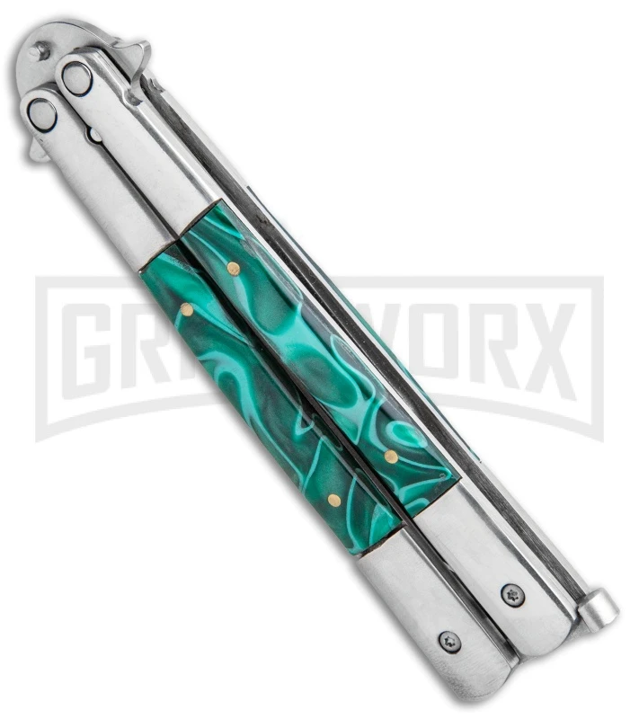Regal Flipper Green Swirl Balisong Butterfly Knife - Satin Plain 5 Regal Flipper Green Swirl Balisong Butterfly Knife - Satin Plain - Image 3