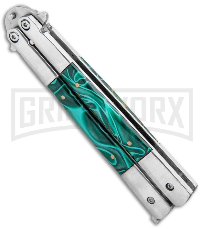 Regal Flipper Green Swirl Balisong Butterfly Knife - Satin Plain 4 Regal Flipper Green Swirl Balisong Butterfly Knife - Satin Plain - Image 2