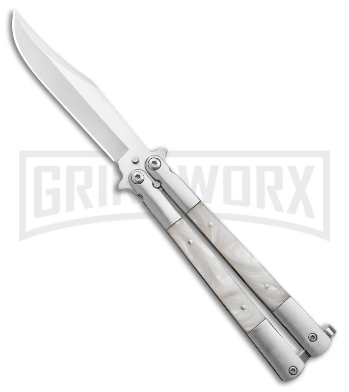 Regal Flipper White Swirl Balisong Butterfly Knife - Satin Plain 3 Regal Flipper White Swirl Balisong Butterfly Knife - Satin Plain