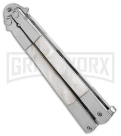 Regal Flipper White Swirl Balisong Butterfly Knife - Satin Plain 8 Regal Flipper White Swirl Balisong Butterfly Knife - Satin Plain -Kershaw Store Regal Flipper White Swirl Balisong Butterfly Satin BHQ 177230 jr side large