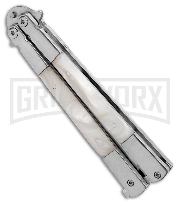Regal Flipper White Swirl Balisong Butterfly Knife - Satin Plain 4 Regal Flipper White Swirl Balisong Butterfly Knife - Satin Plain - Image 2