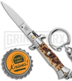 SKM 2.75" Italian Stiletto Keychain Stag Automatic Knife - Satin Plain -Kershaw Store SKM 2.75in Italian Stiletto Keychain Sim Abalone Auto Satin GX 36953 jr bottlecap large