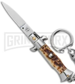 SKM 2.75" Italian Stiletto Keychain Stag Automatic Knife - Satin Plain