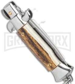 SKM 2.75" Italian Stiletto Keychain Stag Automatic Knife - Satin Plain -Kershaw Store SKM 2.75in Italian Stiletto Keychain Sim Abalone Auto Satin GX 36953 jr side large