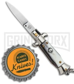 SKM 4" Italian Stiletto Brazilian Horn Automatic Knife Keychain - Flat Grind -Kershaw Store SKM 4in Keychain Stiletto Auto Brazilian Horn Satin Flat BHQ 125146 jr bottlecap large