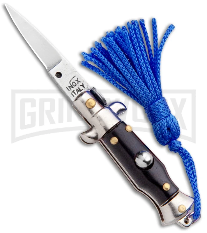 Italian Stiletto Black Automatic Knife Blue Keychain - Flat Grind 3 Italian Stiletto Black Automatic Knife Blue Keychain - Flat Grind