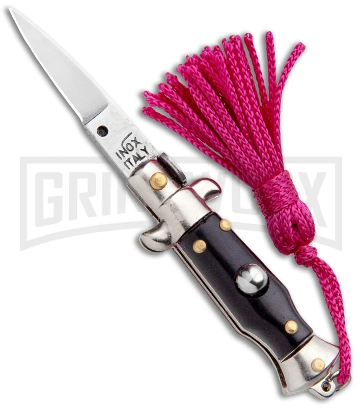 Italian Stiletto Black Automatic Knife Pink Keychain - Flat Grind 3 Italian Stiletto Black Automatic Knife Pink Keychain - Flat Grind